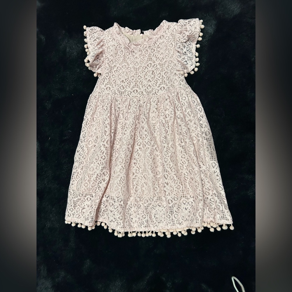 Girls Lace Dress Size 4 Blush Pink Pom Pom Trim Flutter Sleeve Party